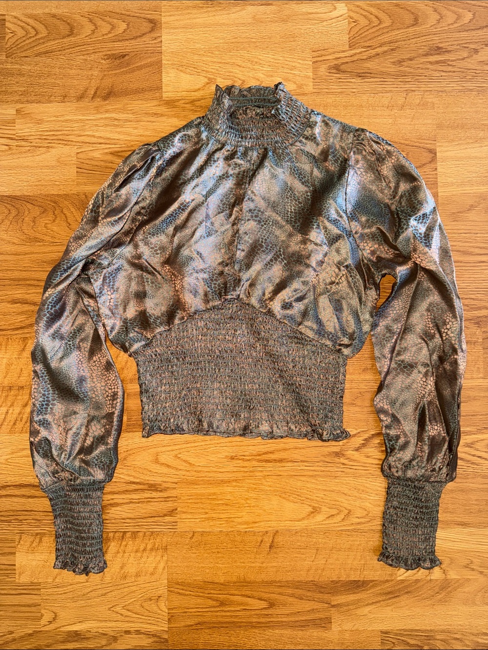 Fashion Nova Metallic Snake-Print Smocked Waist Long Sleeve Top - Bronze & Black